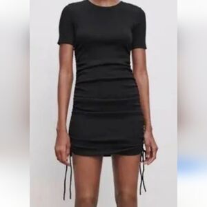 Zara Black Ruched Women's Ribbed mini T shirt Dress Size S great condition
